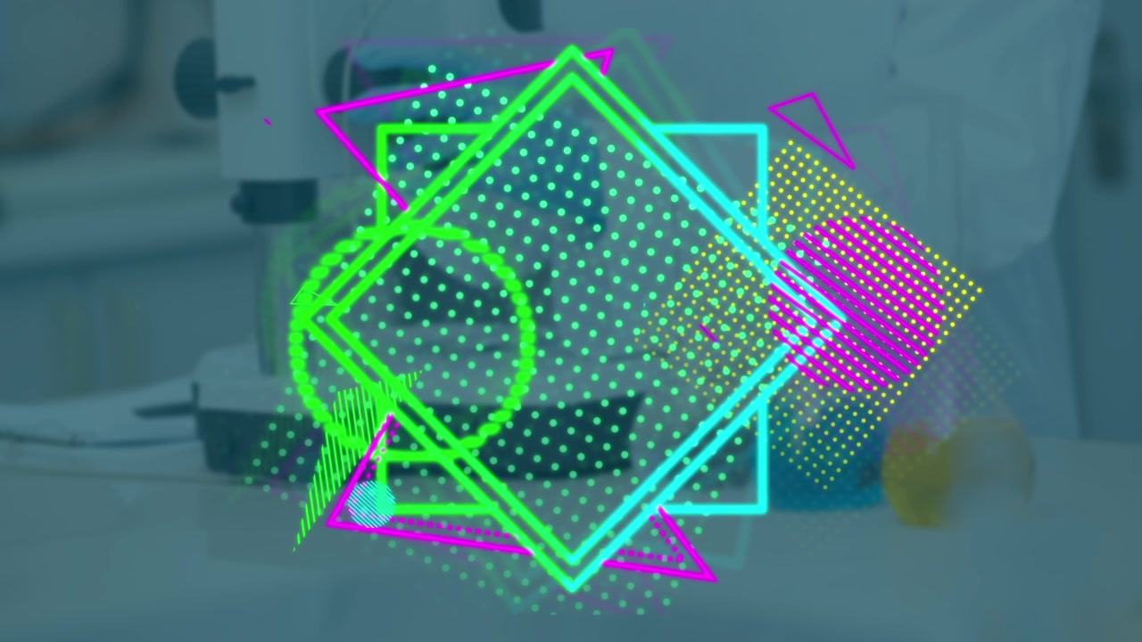Animation of colorful shapes over caucasian female scientist