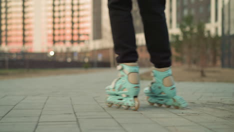 un primer plano trasero de patines que se deslizan suavemente a través de un parque con elementos de fondo borrosos, incluidas personas y bancos