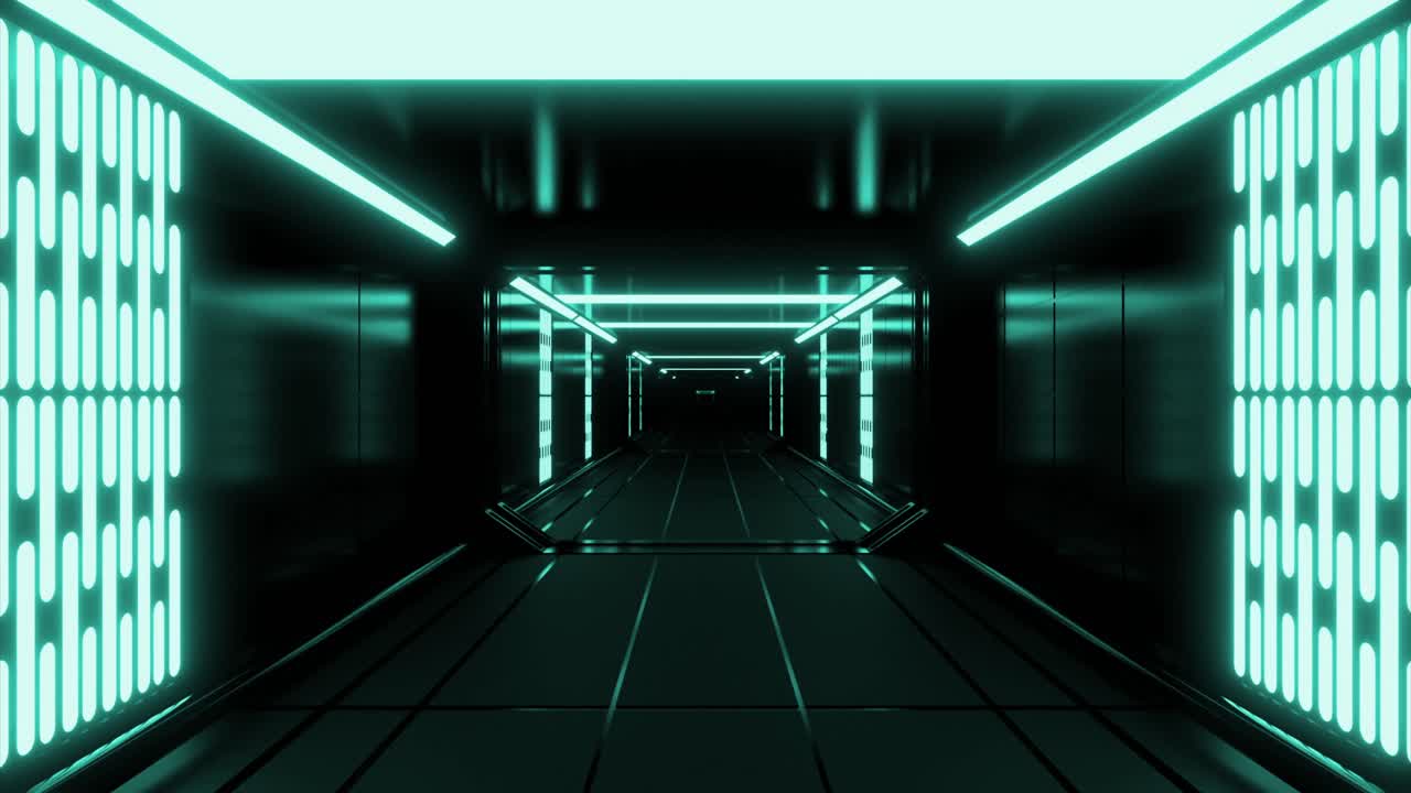 A futuristic corridor with glowing neon lights