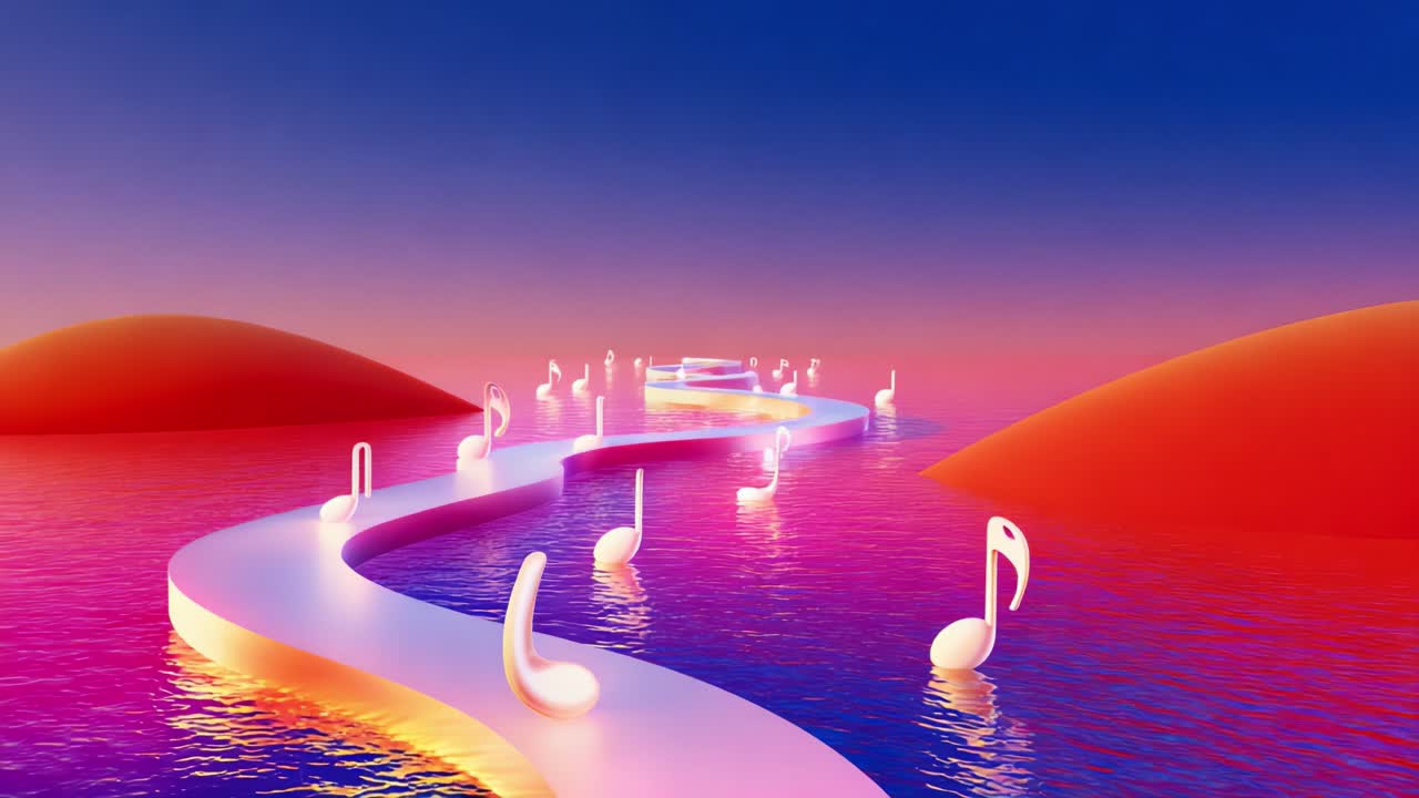 A Dreamlike Pathway of Musical Notes Through a Serene Landscape at Dusk, Featuring Flowing Water and Vibrant Colors for a Tranquil Atmosphere
