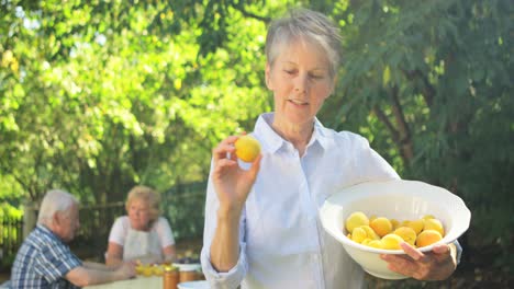 Ältere-Frau-Hält-Eine-Schüssel-Aprikosen-Im-Garten