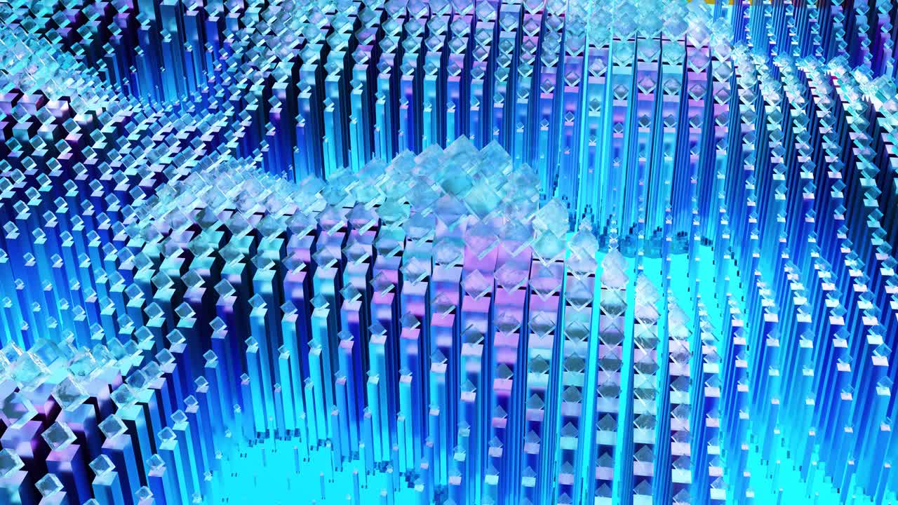 patrón geométrico abstracto de cubos y esferas de renderizado 3d, diseño de movimiento, ondas de cubos que se mueven arriba y abajo en el plano, luces de neón, ciencia ficción, animación 3d