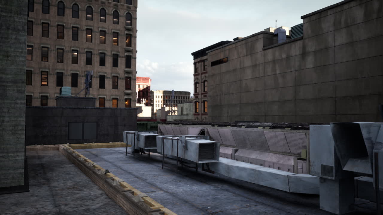 una vista del techo de un edificio urbano con unidades de aire acondicionado