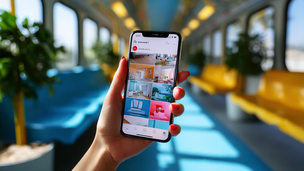 A Person Holding a Smartphone in a Train, Displaying Colorful Images of Stylish Interiors, Showcasing Modern and Aesthetic Themes in Bright and Vibrant Surroundings