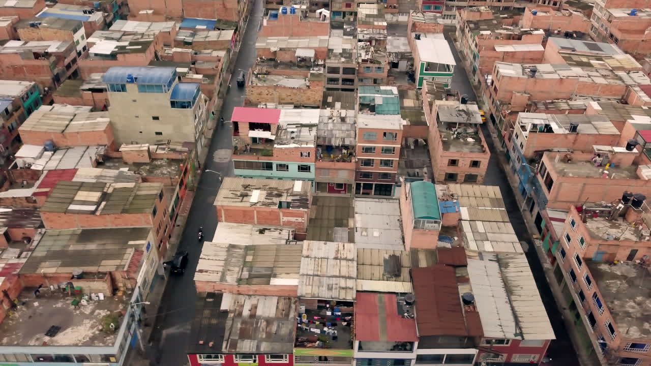 Aerial top shot over slum in Bogota during lockdown