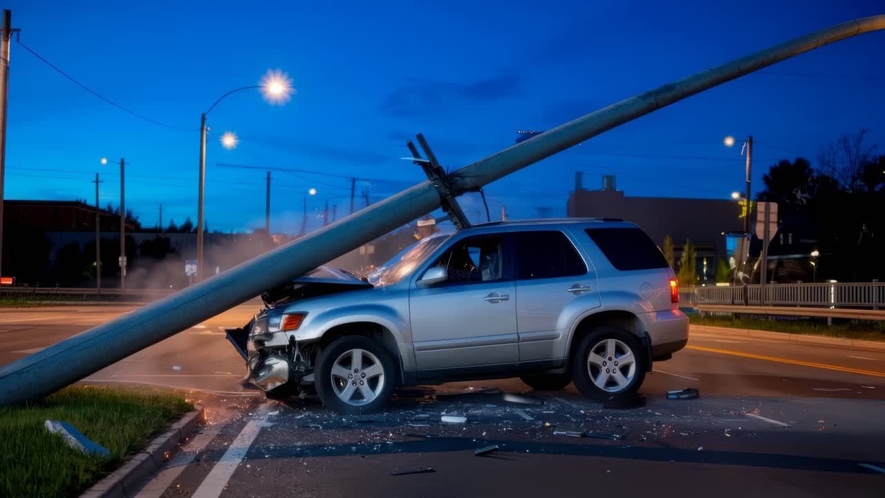 전력 기둥과 관련된 자동차 사고가 밤에 발생하여 혼란과 위험의 장면을 만들었습니다.