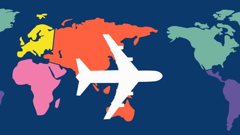 animation of white airplane flying over multi coloured world map on dark blue background