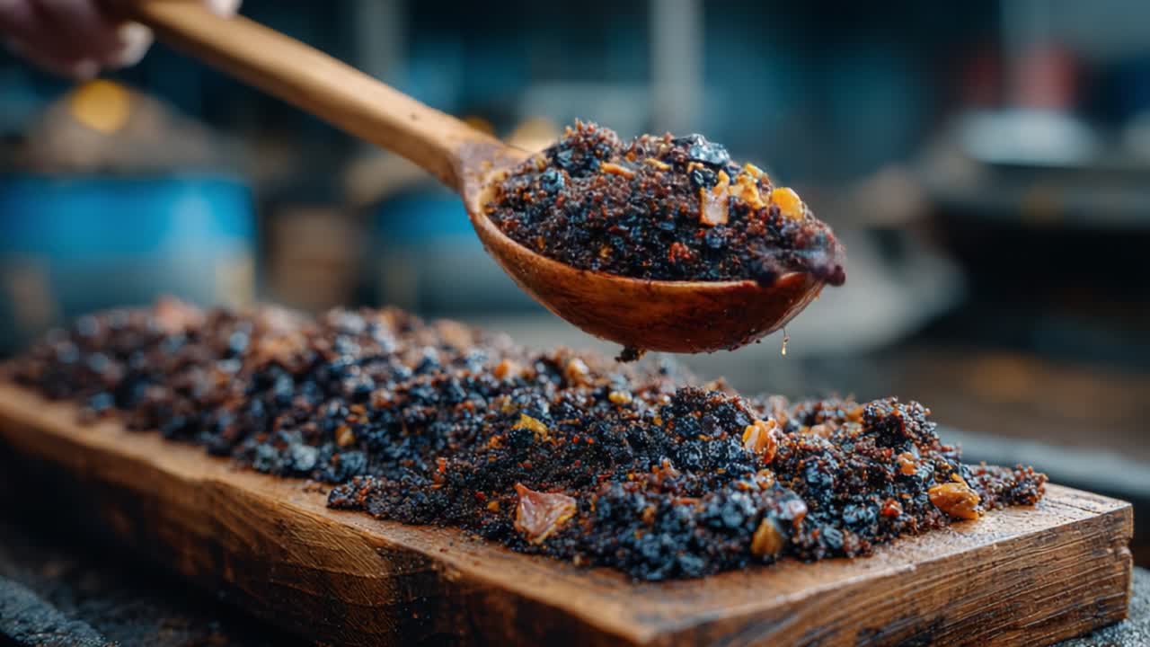 A Close-Up View of Rich, Dark Delicacy Being Served: A Wooden Spoon Scoops Sweet and Savory Mixture from a Rustic Plank on a Culinary Adventure