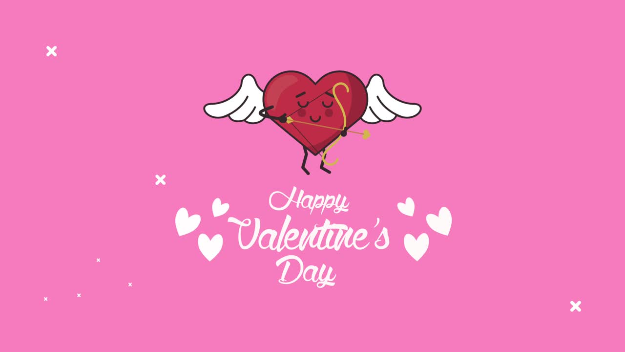 행복한 발렌타인 데이 글자 카드와 심장 캐릭터 비행