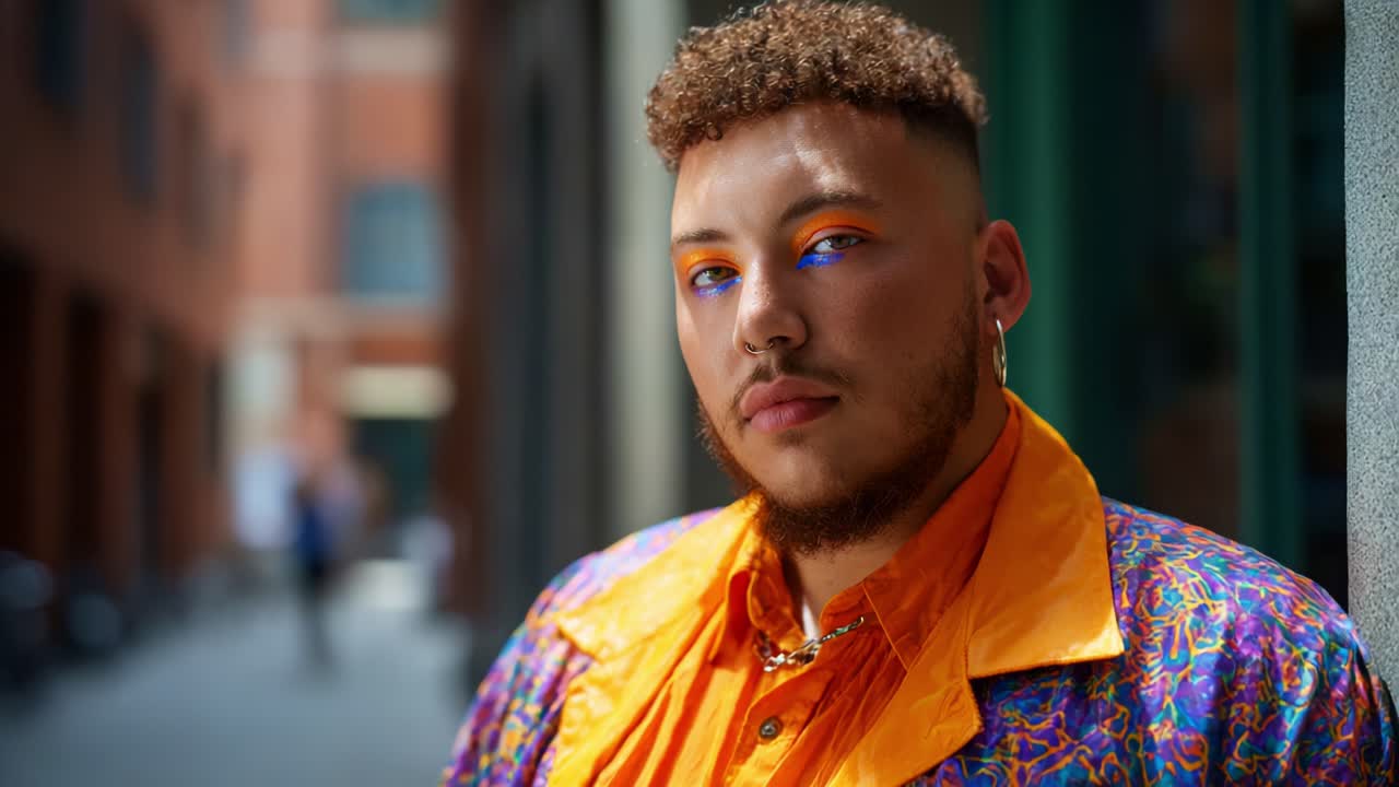 A uniquely stylish individual poses confidently in an urban setting, showcasing vibrant fashion and eye-catching makeup that captivates the viewer's attention