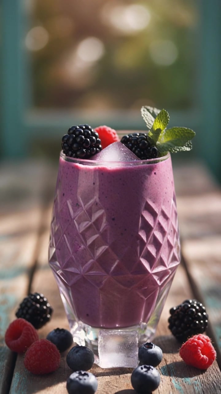 Smoothie rinfrescante ai frutti di bosco in un bicchiere di cristallo su un tavolo di legno