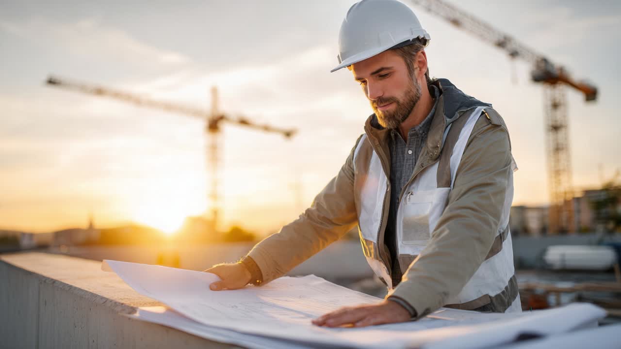 Construction Engineer Reviewing Blueprints at Sunset