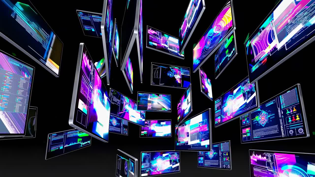 Dynamic video concept with floating digital screens in a 3D space
