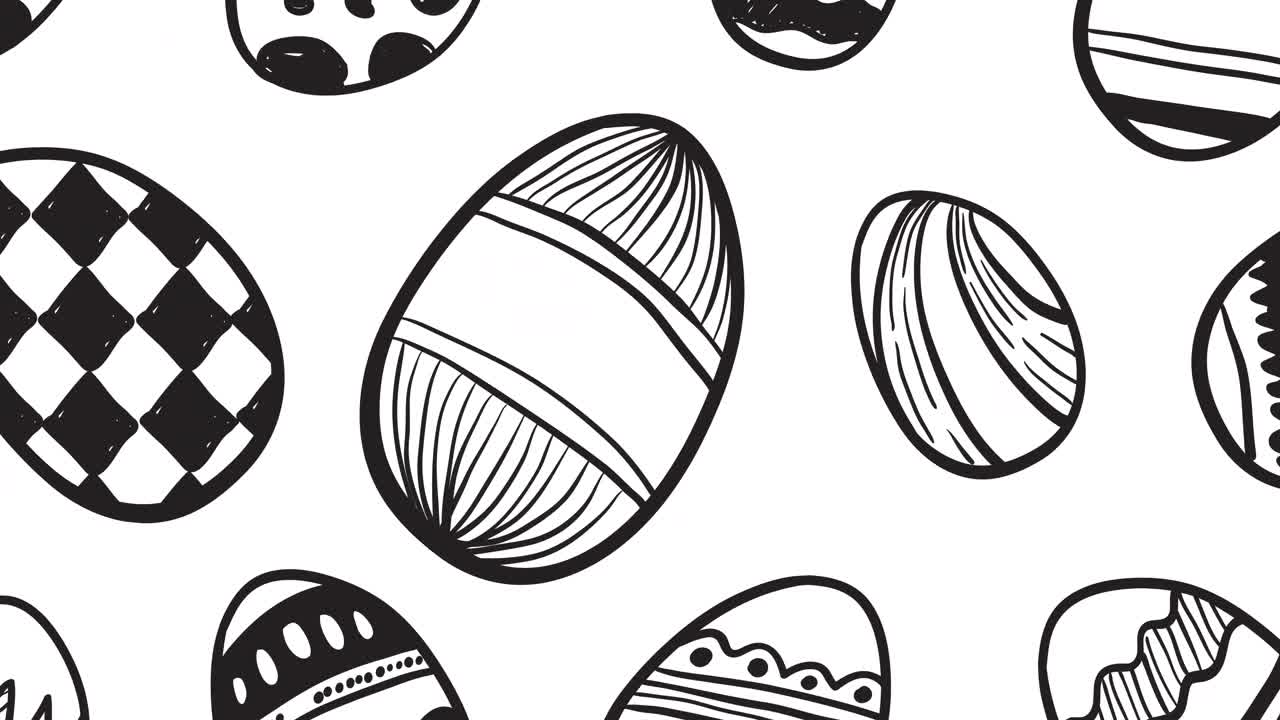 Animation of multiple decorated easter eggs in black and white on white background