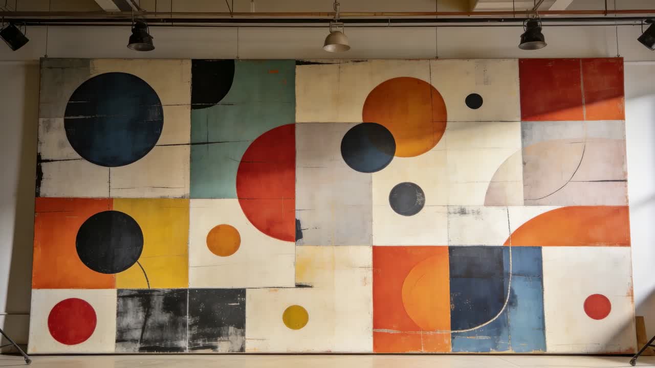 Telecamera in movimento che si avvicina per inquadrare un grande murale geometrico in galleria, con luci e treppiedi.