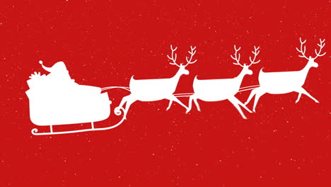 snow falling over santa claus in sleigh being pulled by reindeers against red background