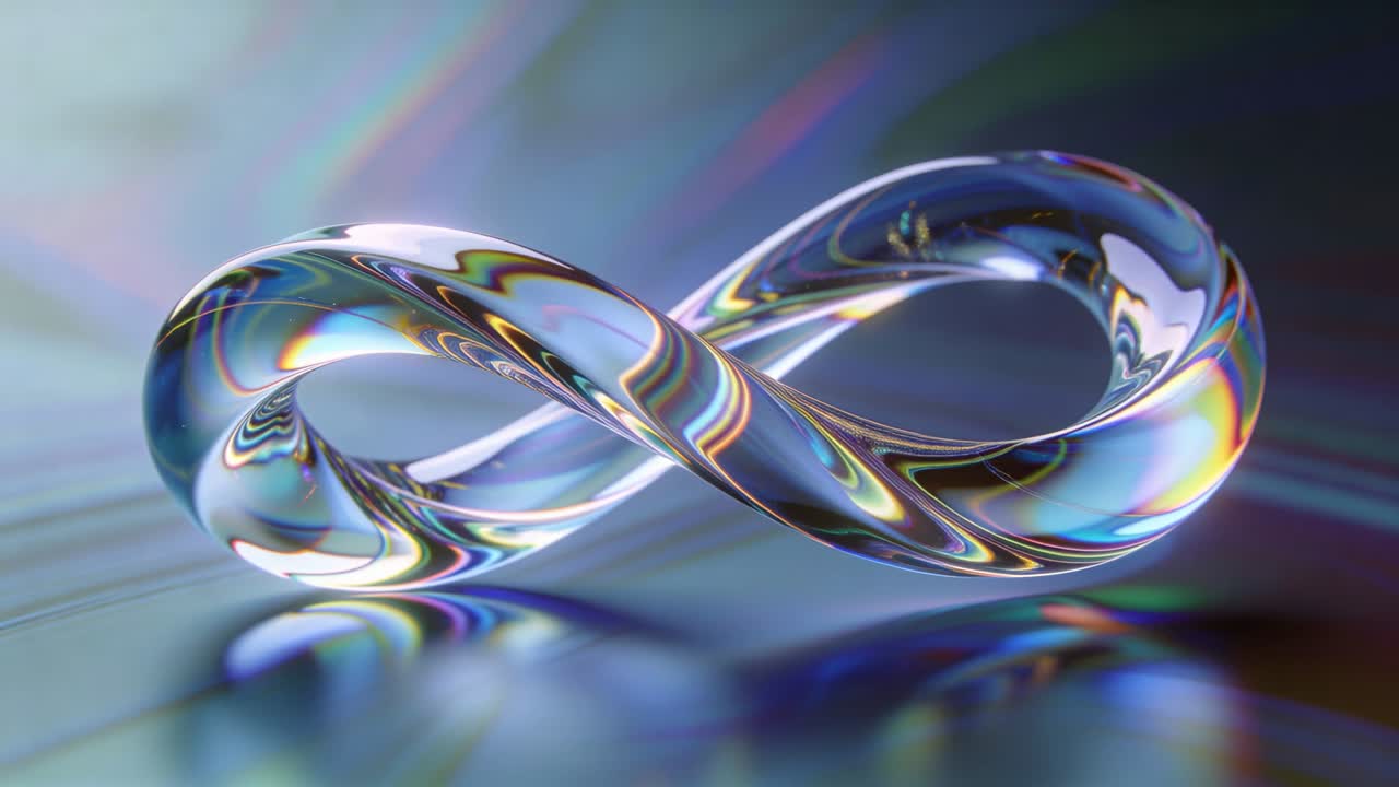 Rotating glass infinity loop revealing rainbow caustics on studio tabletop, with lights shifting