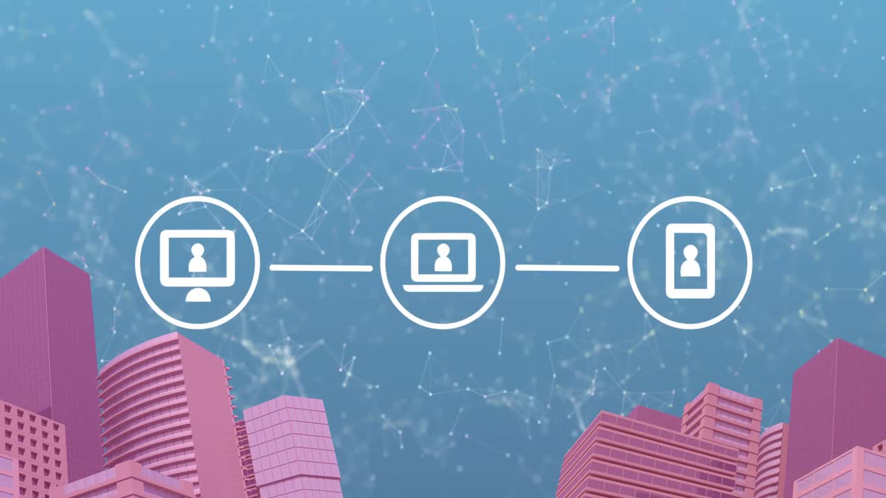 연결 네트워크와 아이콘의 애니메이션 도시 풍경