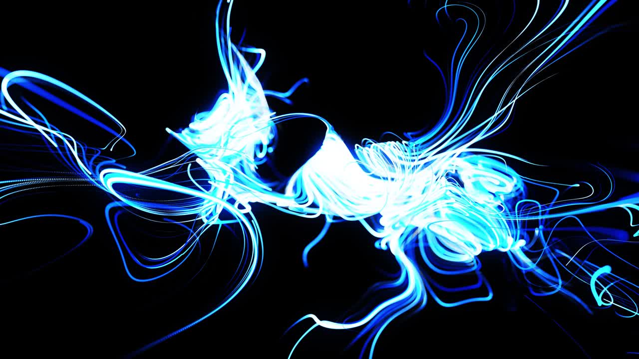 líneas rápidas de rayas de luz. flujo de partículas forma líneas azules rizadas como senderos de luz brillante, líneas forman patrón giratorio como ruido de rizado. animación 3d abstracta como brillante creativo festivo bg