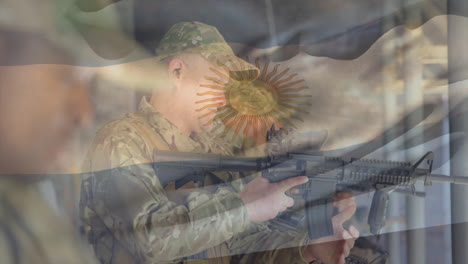 animation of flag of argentina over caucasian male soldier with rifle