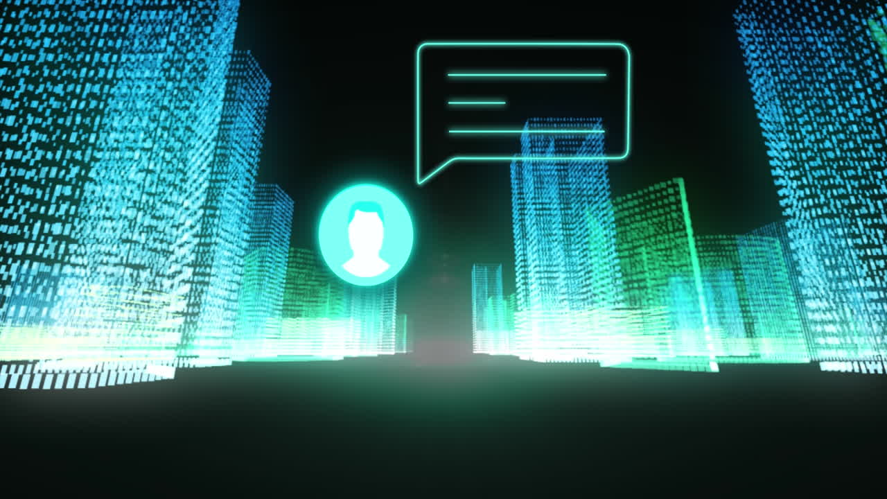 Animation of media icon and city on black background