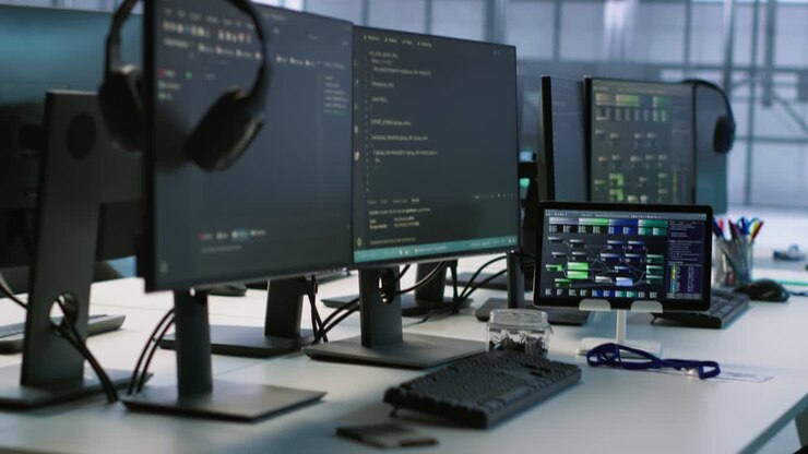 Moderne kantoorwerkplek met meerdere computers en een tablet