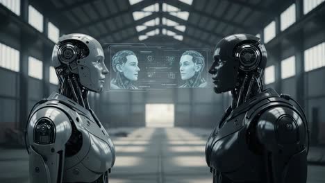 a futuristic interaction between two advanced robots analyzing each other with digital interface in a high-tech environment featuring realistic human facial models