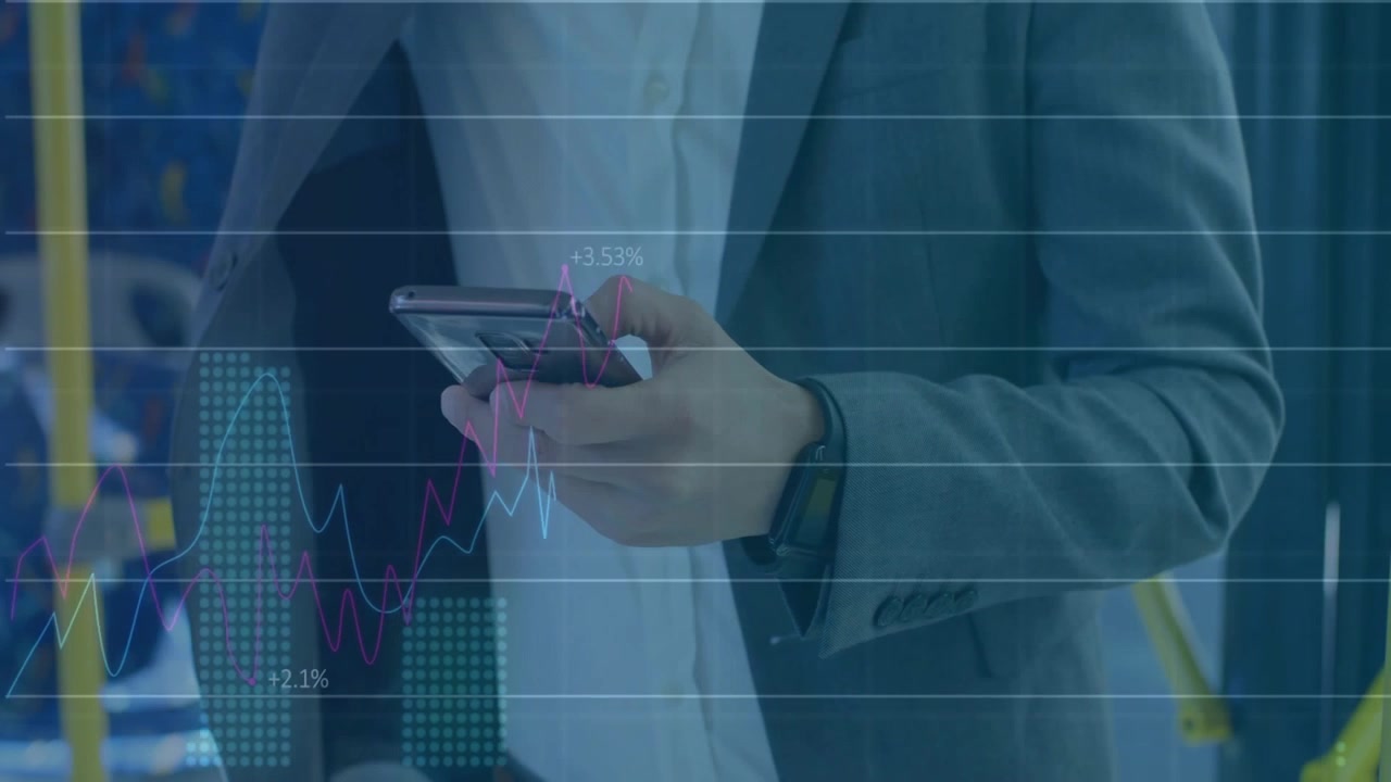 Man on bus tapping phone and checking financial charts and percent labels appearing around screen