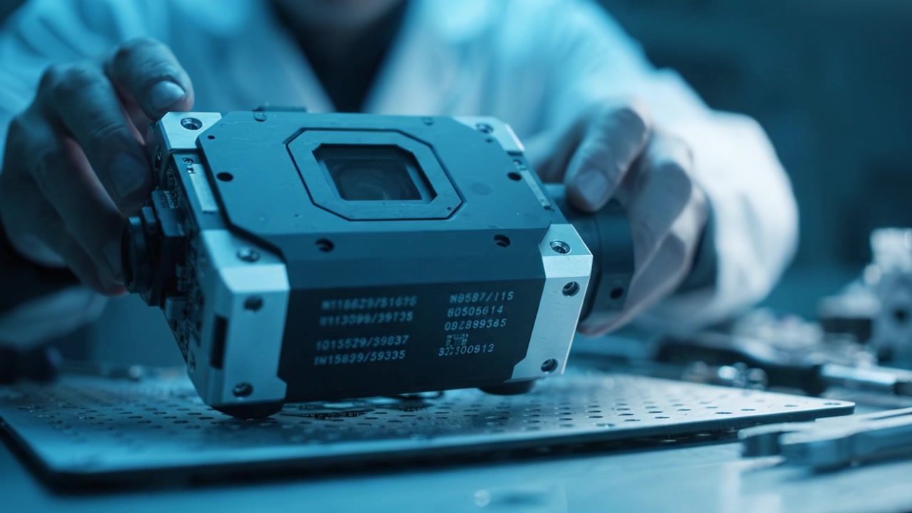 Close-up of a technician assembling a high-tech camera on an optical bench, showcasing advanced technology and intricate components in a laboratory environment.