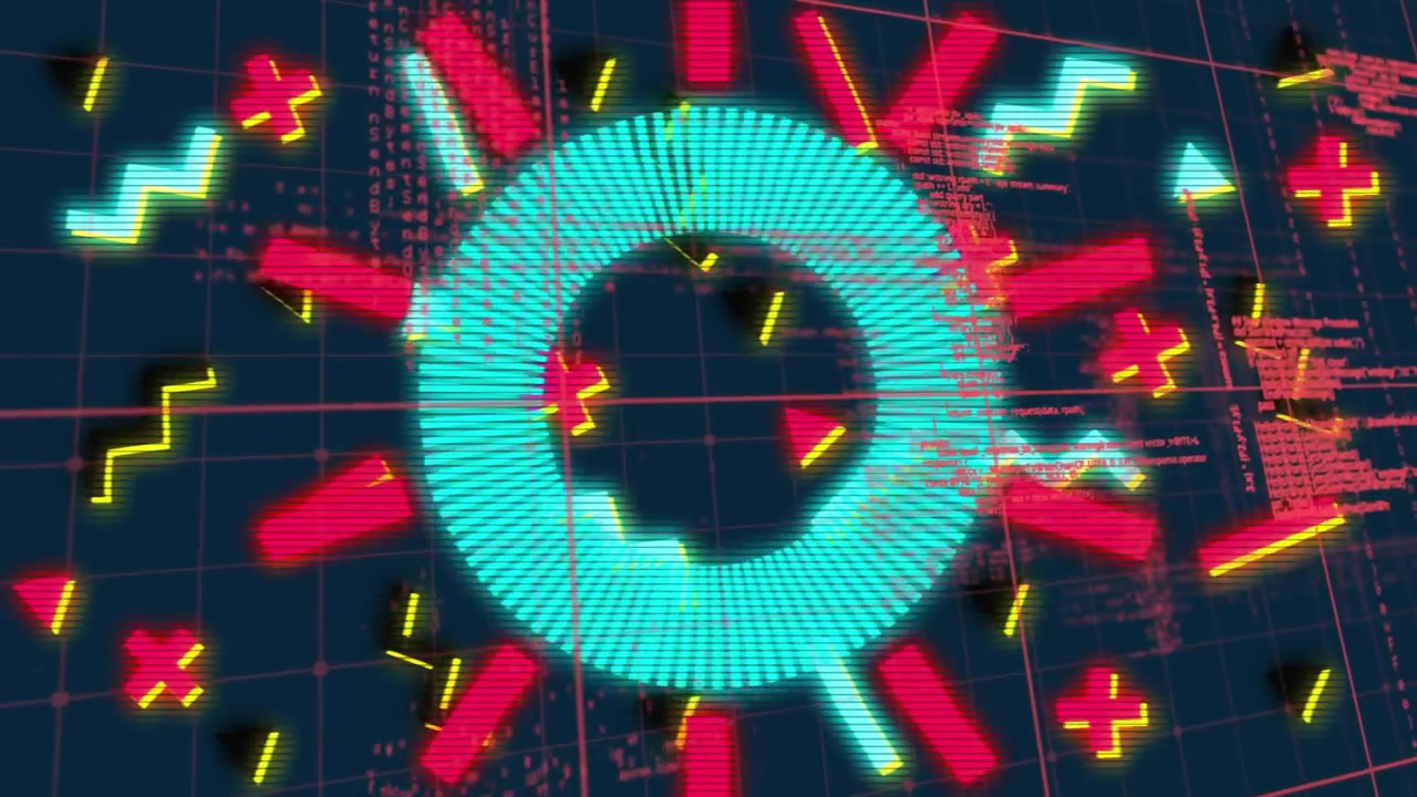 ネイビーのグリッドが開き、ネオンの図形が画面上を漂いながら起動し、ストリーミングコードの表示をシミュレートする