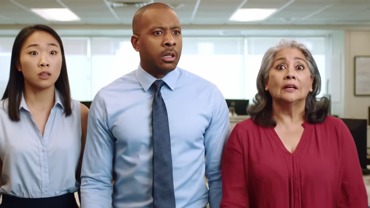 A group of three individuals in a contemporary office environment shows shocked reactions to surprising news. Their expressions convey disbelief and excitement, illustrating a captivating moment.