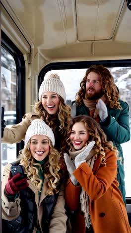 young friends bundled up for a cozy winter tram ride.