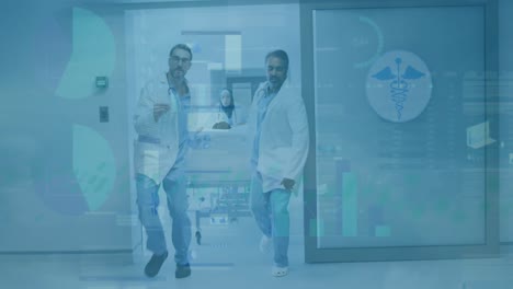 animación del procesamiento de datos en un equipo de diversos médicos que mueven a un paciente en la sala de operaciones