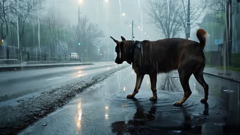 dog walking in the rain