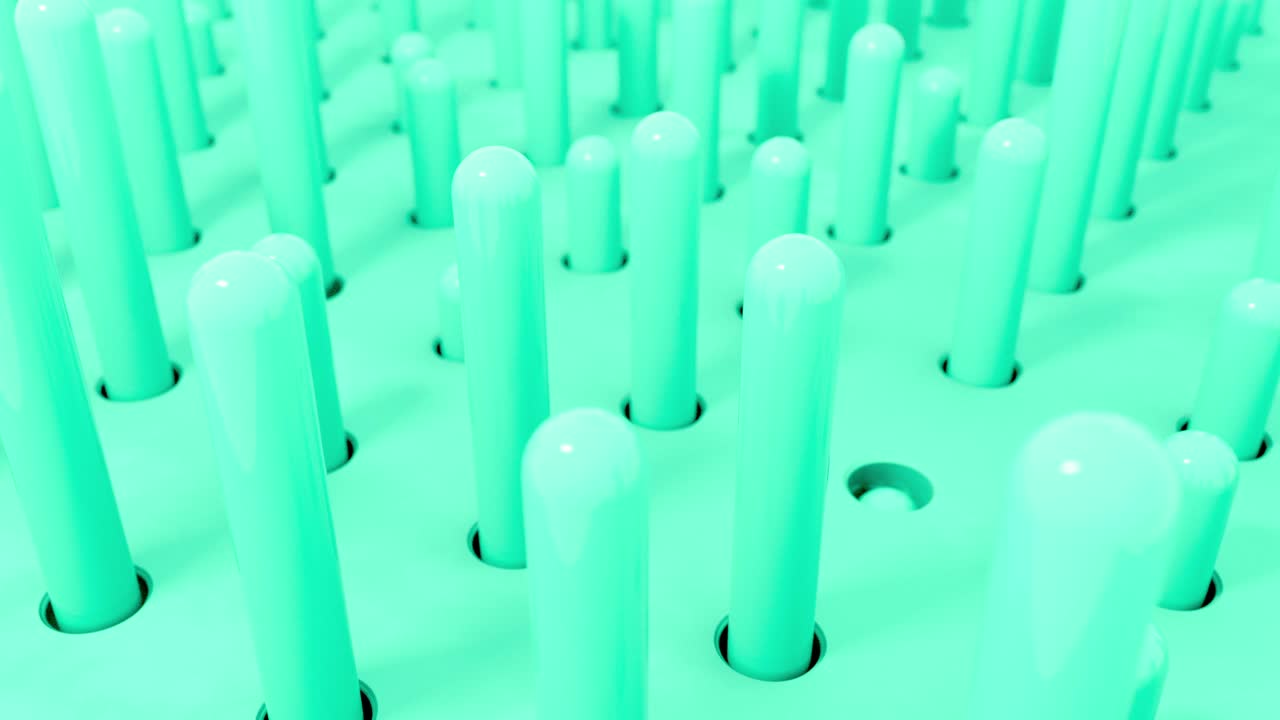 3d formas de cilindro volando agujeros de introducción en colores pastel turquesa. 4k animación de renderización de bucle sin costuras.