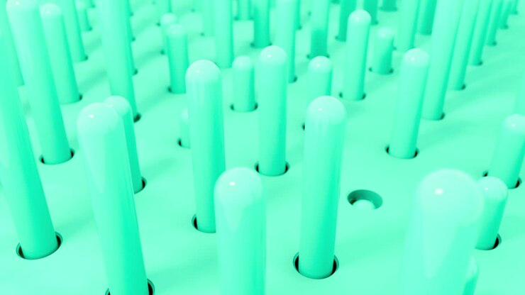 3D shapes cylinder flying intro holes in turquoise pastel colors. 4k seamless loop render animation.