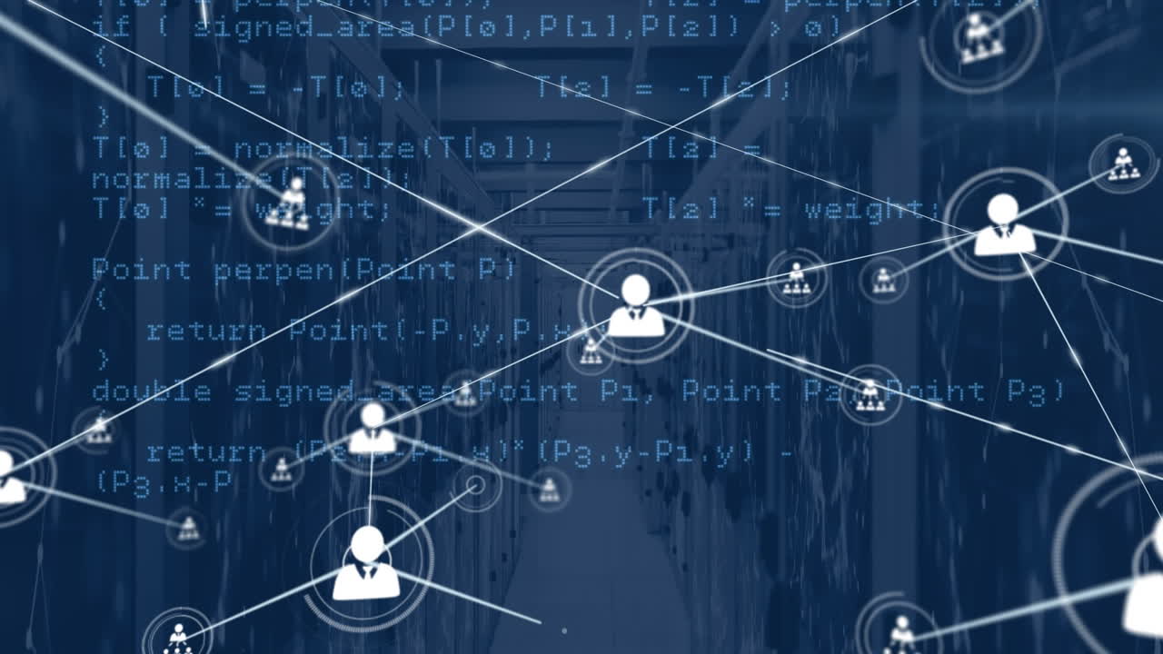 Animation of network of connections with icons over computer servers