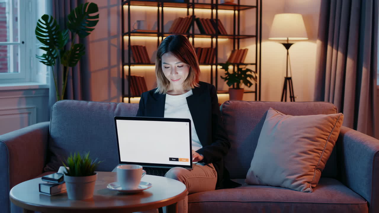 Young Asian woman using a laptop on a couch in a cozy home at night