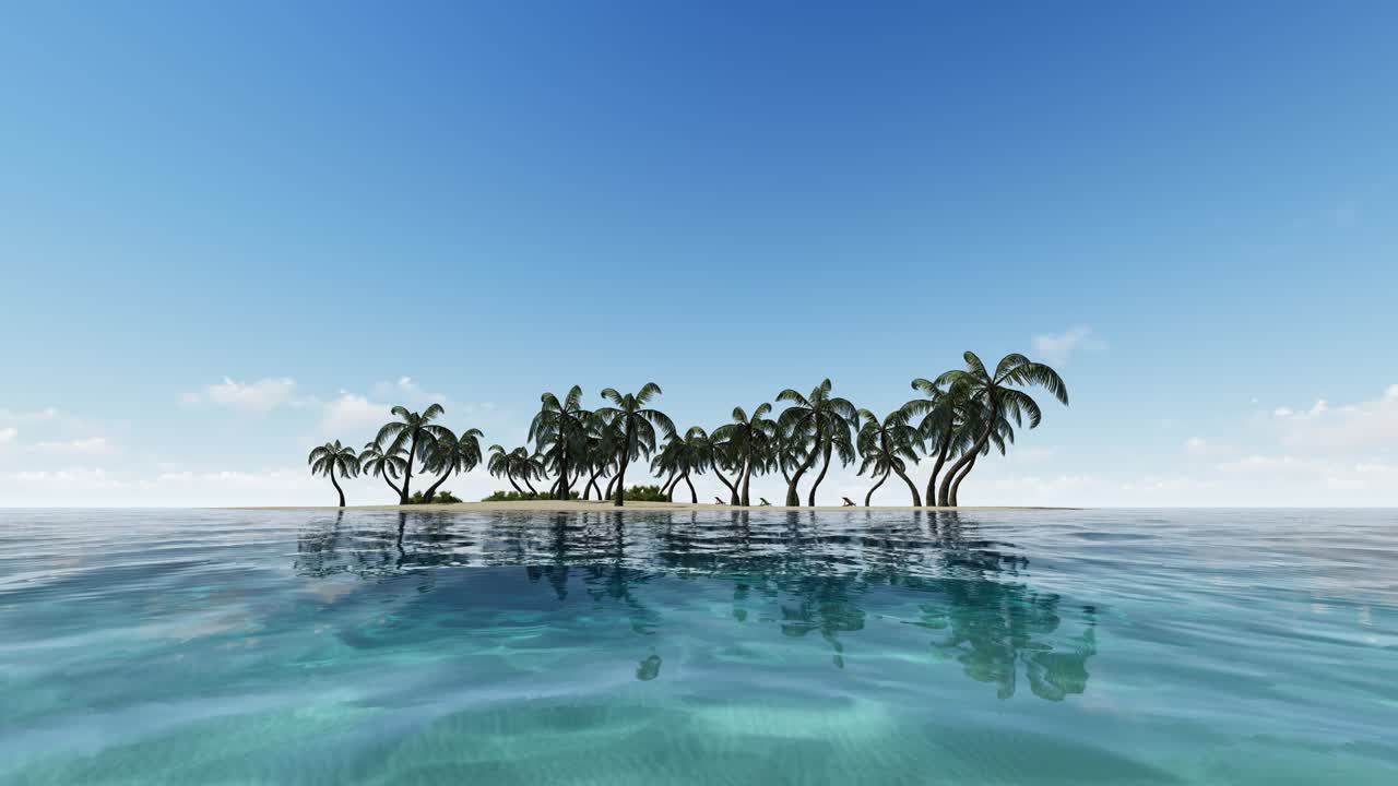 orilla vacía del mar, playa de arena imágenes sin fisuras. isla paraíso sin gente, cielo azul y palmeras balanceándose en el viento animación en bucle. paisaje marítimo de verano, hermoso oasis video realista