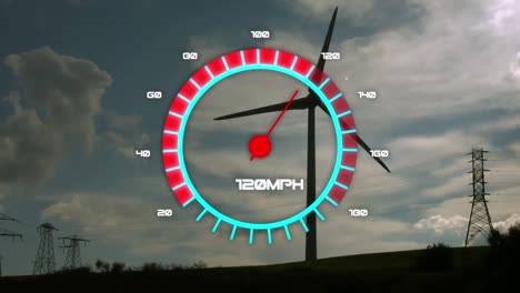 animation of speedometer over spinning windmill against blue sky