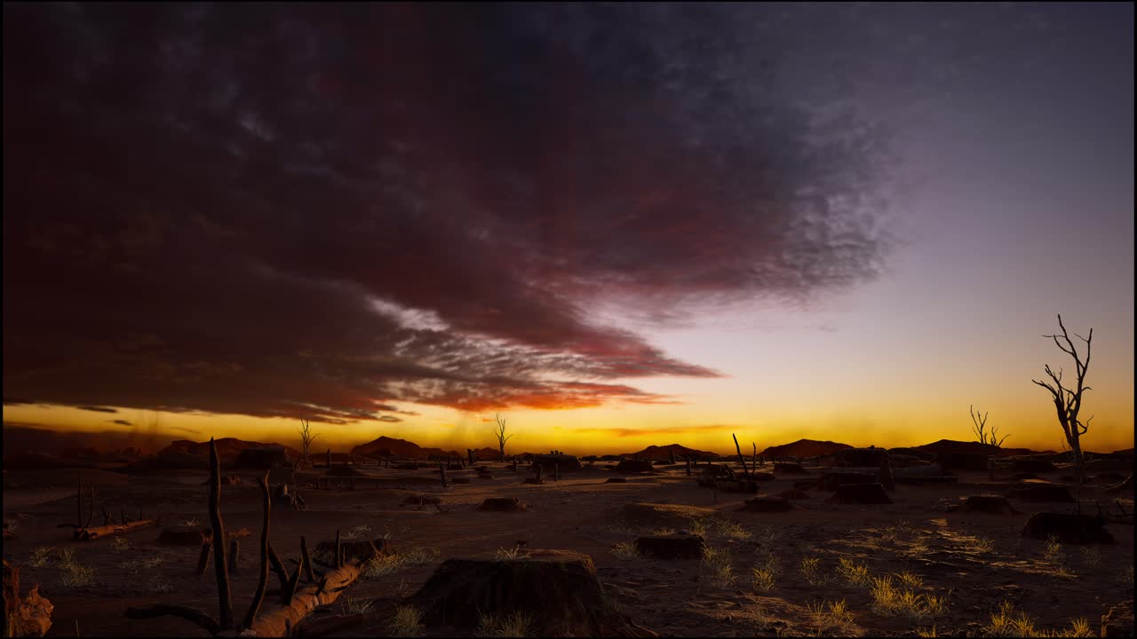 Ceppi d'Albero Rimasti Dopo la Deforestazione, al Tramonto