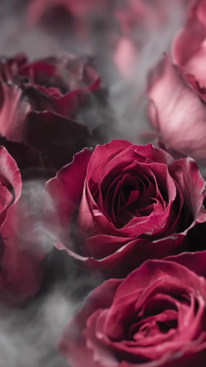 Un primo piano accattivante di rose rosso scuro circondate da un fumo morbido ed etereo, che cattura perfettamente l'essenza del romanticismo e dell'eleganza nella natura