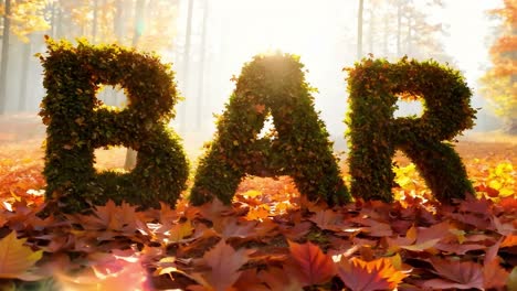 sunlight illuminating a bar sign made of plants in a forest adorned with vibrant fall foliage creates a serene atmosphere