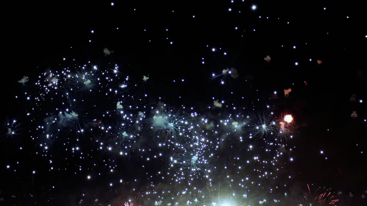 밤하늘에 화려한 불꽃이 터진다. 밝은 색상의 축하 및 이벤트.