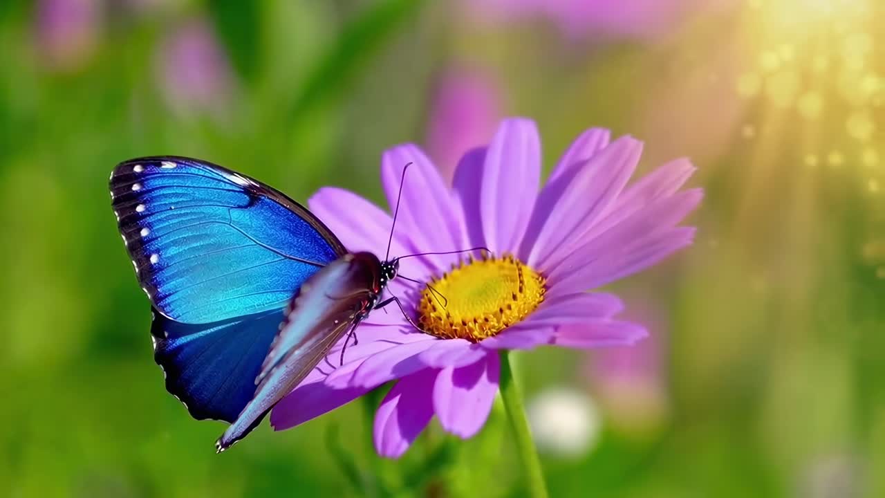 Angolazione video ravvicinata di una vivace farfalla blu su un fiore viola alla luce del sole