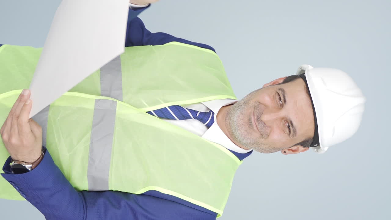 vídeo vertical del ingeniero mirando a la cámara y haciendo un gesto positivo.