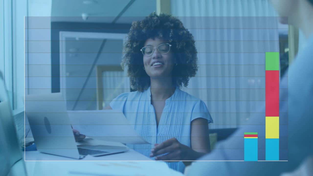 Businesswoman reviewing documents, bar chart animation over office background