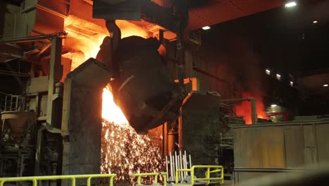 intense steel mill scene with molten metal being poured from a ladle in a foundry