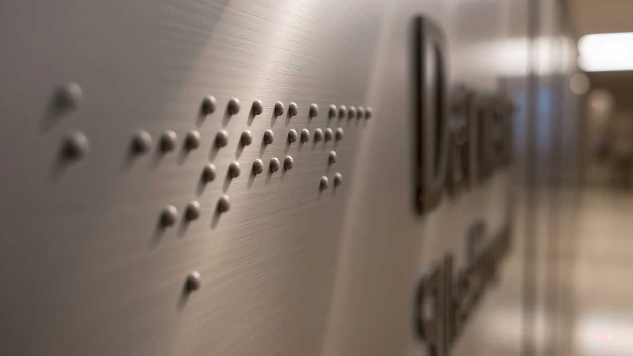 Sliding camera revealing raised tactile dots on metal wall, showing accessibility, copy space