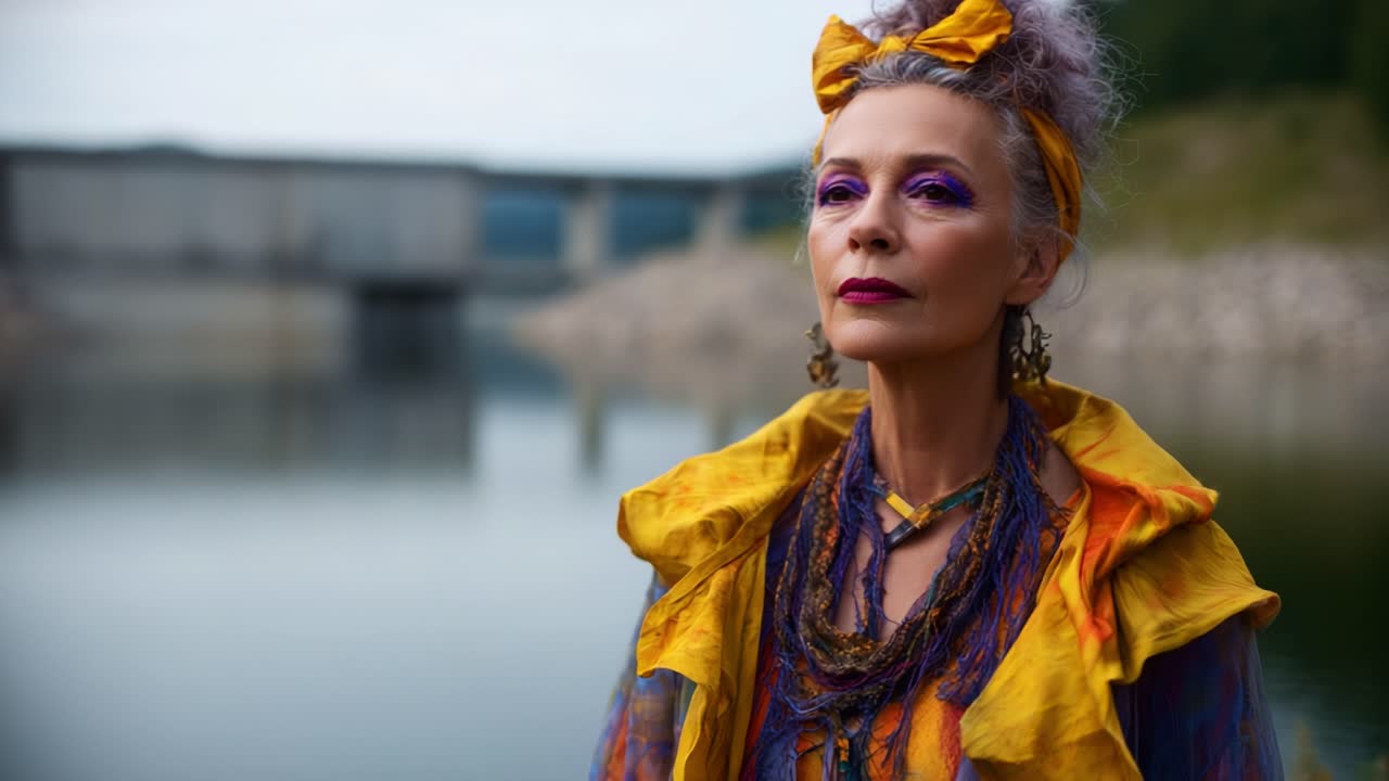 Un momento di riflessione in riva al lago: una persona alla moda con abiti colorati riflette con grazia in un sereno paesaggio naturale